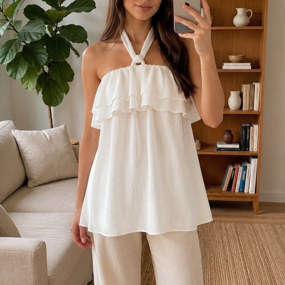 J.Crew Womens Halter Tunic Top Size M White Ruffle Cotton Coastal Beach Summer